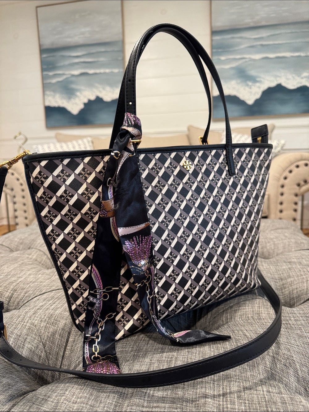 Tory Burch Bag Geo Logo Black & White Print Leather Tote Bag Satchel Crossbody - Picture 3 of 17